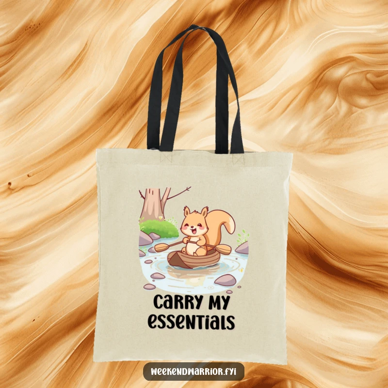 Funny kawaii squirrel joyfully paddling a small raft down a stream, on a reusable tote bag. A humorous and functional accessory.