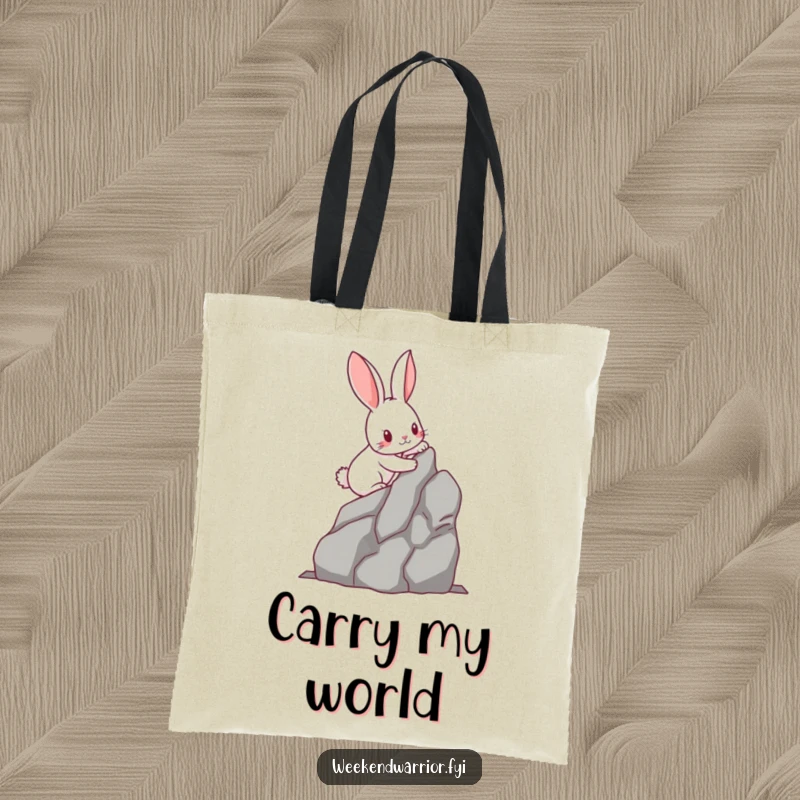 Funny kawaii rabbit with determined paws scaling a miniature rock face, on a reusable tote bag. A humorous and functional accessory.