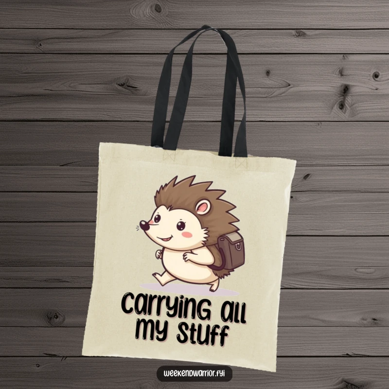 Funny tote bag featuring a happy hedgehog with a backpack, marching forward resolutely, symbolizing journeys and preparedness.