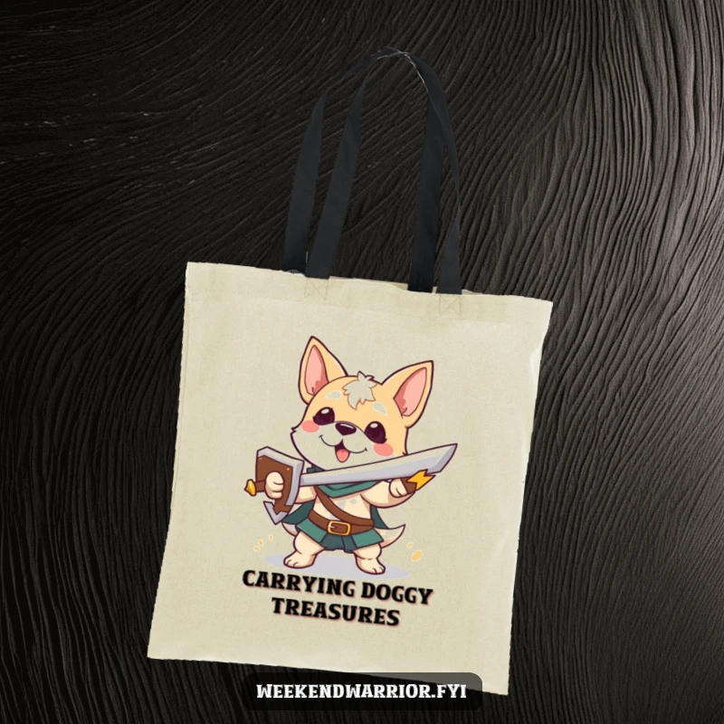 Funny tote bag featuring a playful dog character holding a sword and shield, perfect for carrying everyday items.