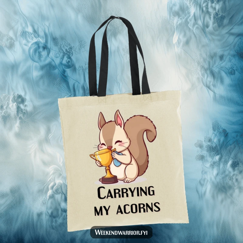 Funny squirrel tote bag demonstrating a proud animal gleefully polishing a small golden trophy with a dedicated cloth.