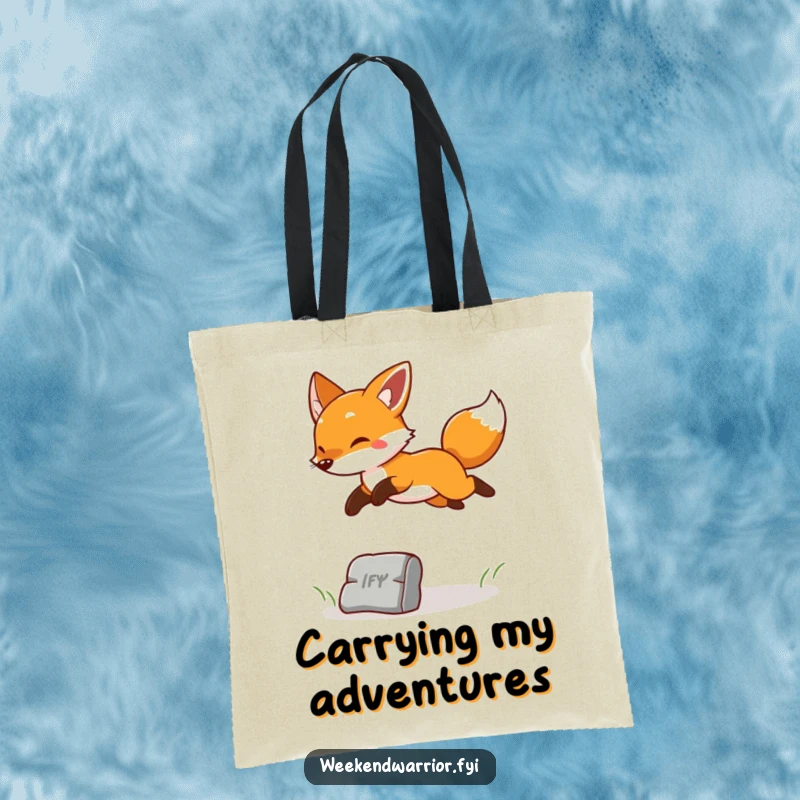 Funny tote bag showcasing a cheerful fox leaping over a small obstacle, radiating playful energy and happiness.