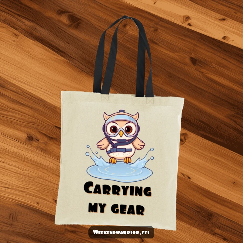 Funny tote bag with a brave owl in diving gear splashing into a small puddle, great for carrying items with humor.