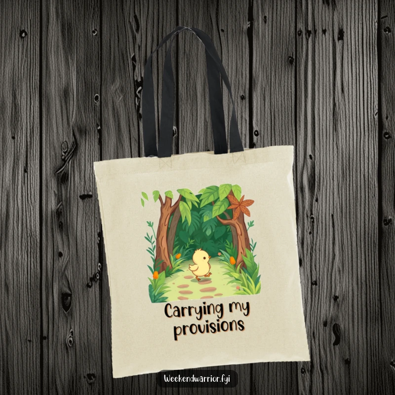Funny Chick Tote Bag with tiny boots, marching through a lush jungle path, perfect for adventurers.