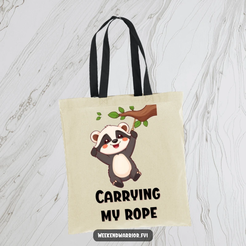 Funny tote bag with a cheerful badger character enthusiastically swinging from a rope tied to a tree branch.