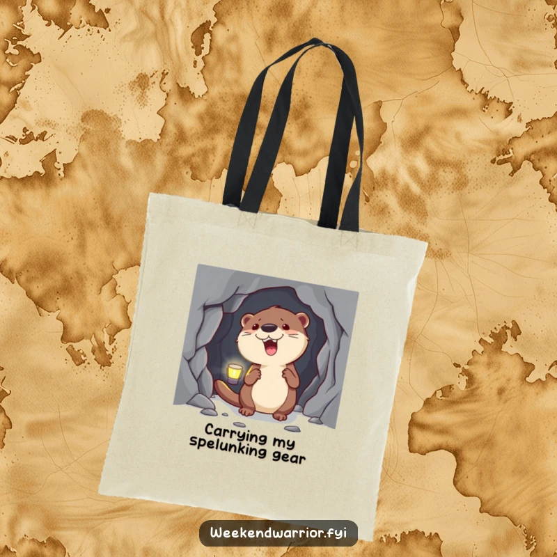 Funny Otter Tote Bag with a headlamp, exploring a cave, a perfect accessory for carrying treasures and laughter.