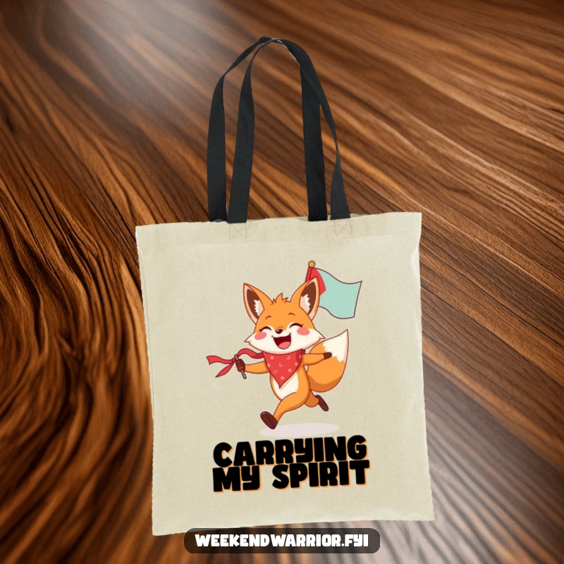 Funny fox tote bag illustrating a joyful fox wearing a bandana, running with a flag, a humorous and functional accessory.