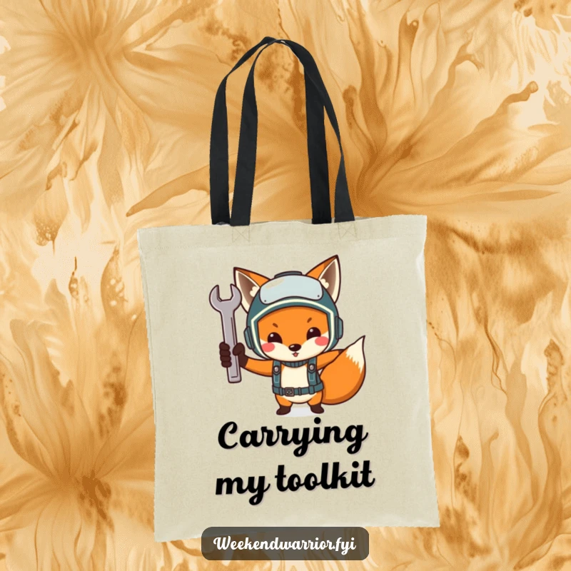 Funny Determined Fox Mechanic Tote Bag, a fox with a helmet and wrench, a fun and functional bag for tool lovers.