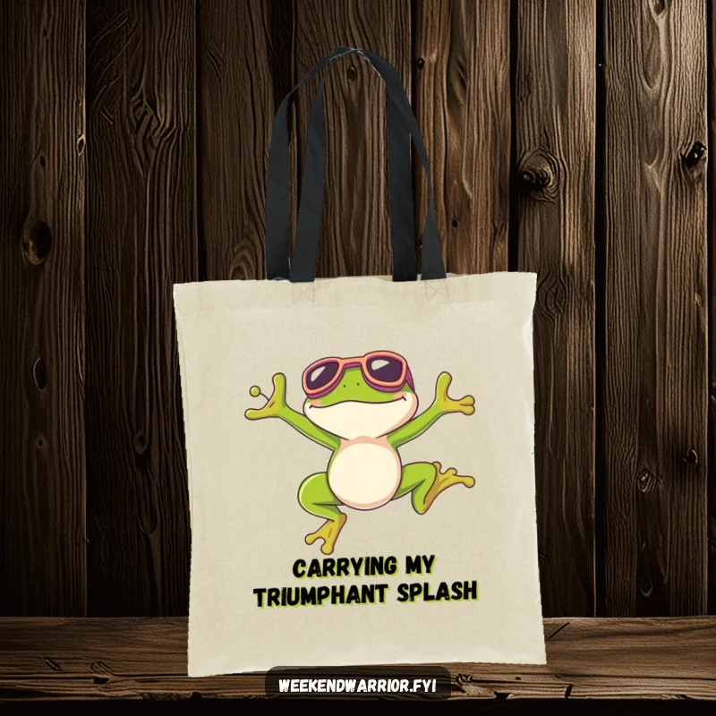 Funny tote bag featuring a beaming frog with goggles, mastering a spectacular jump with glee.