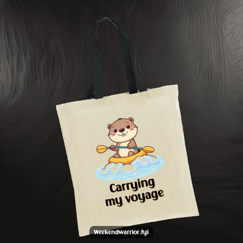 Funny Kawaii Otter Tote Bag showcasing a smiling character kayaking rapids, perfect for everyday aquatic humor. Excellent funny gift.