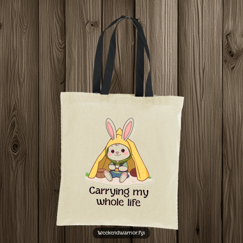 Funny tote bag with a cheerful rabbit in camping gear setting up a tent, perfect for carrying outdoor essentials.