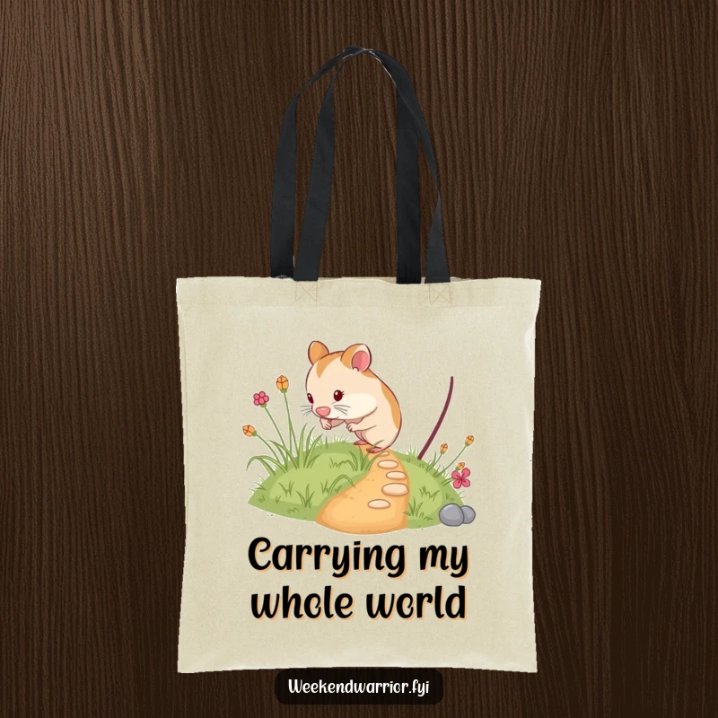 Funny hamster tote bag showing a curious rodent exploring a tiny overgrown path, perfect for carrying daily items with a smile.