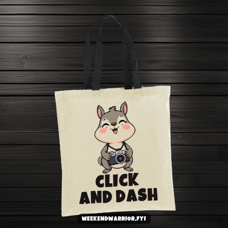 Funny, energetic squirrel with a camera around its neck on a practical tote bag.