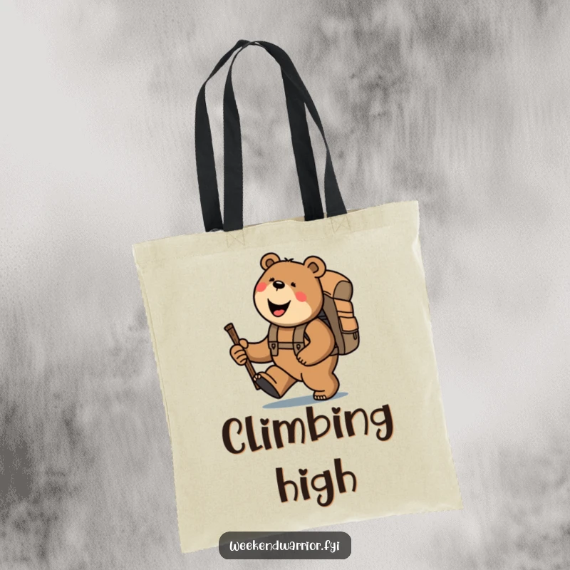 Funny smiling bear hauling a backpack and stick while hiking uphill, a humorous and practical tote bag.