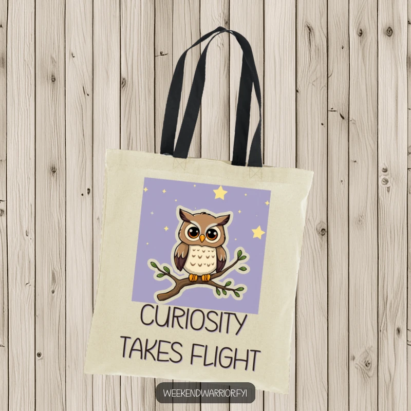 Funny tote bag with a curious cartoon owl on a starry night branch, perfect for carrying books and dreams.