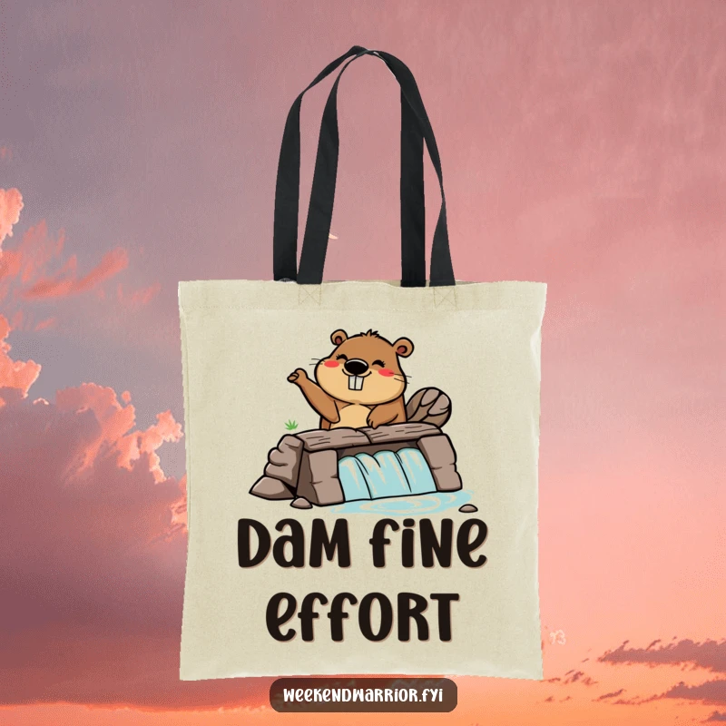 Funny tote bag featuring a silly cartoon beaver building a dam, perfect for carrying supplies with industrious fun.