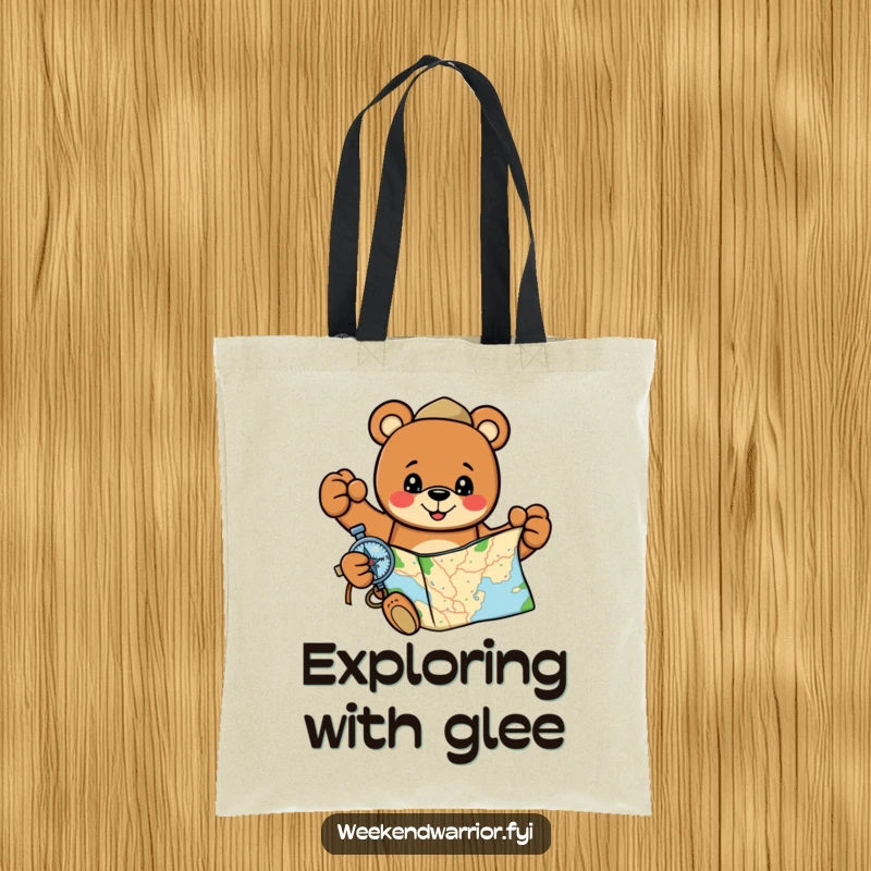 Funny, cheerful bear with map and compass on a tote bag, ready for any journey.