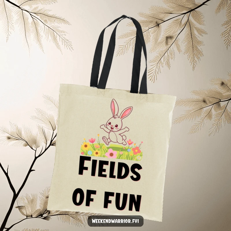 Funny tote bag featuring a fun cartoon bunny hopping over a colorful meadow, perfect for carrying treasures with joy.