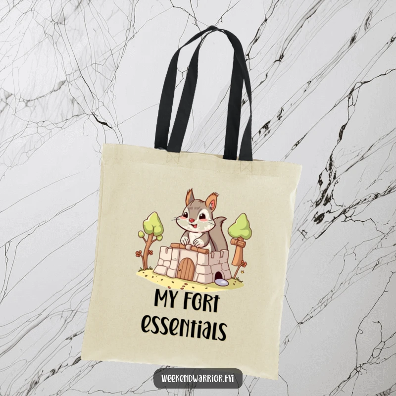 Funny Building Squirrel Tote Bag with a determined squirrel constructing an elaborate fort, perfect for shopping and supplies.