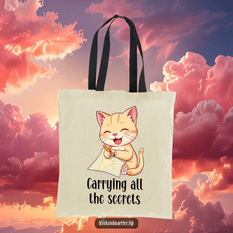 Funny cat tote bag showing a delighted cat sketching a map with a tiny pencil, perfect for carrying necessities with artistic flair.