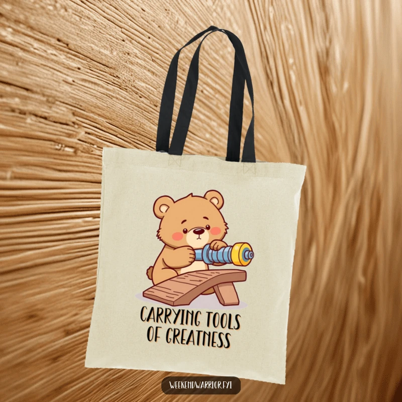 Funny tote bag featuring a determined bear focused on tightening a bolt for a makeshift ramp, symbolizing hard work.