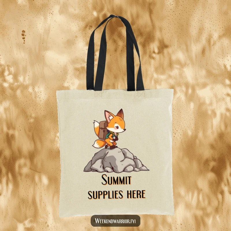 Funny Fox Tote Bag with a backpack, climbing a rocky outcrop, a great accessory for adventurers.