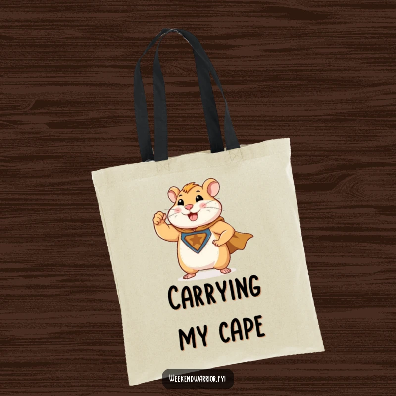 Funny tote bag with a muscular hamster superhero flexing its bicep and wearing a cape, great for carrying essentials.