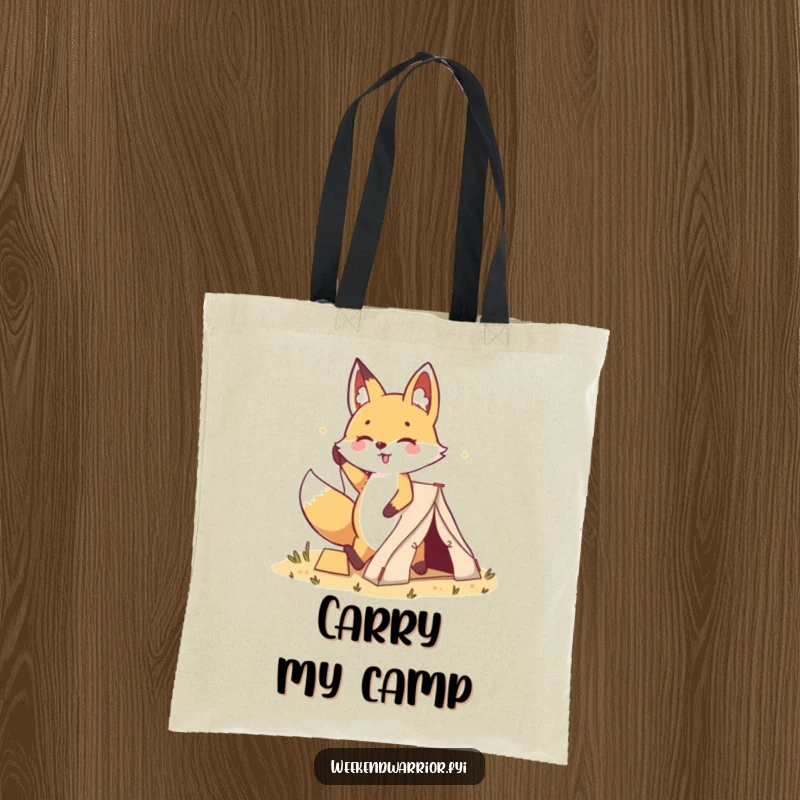 Funny Kawaii Fox Tent Tote Bag: A cartoon fox happily plants a small tent with a proud stride, exuding cheerful adventure and humor.