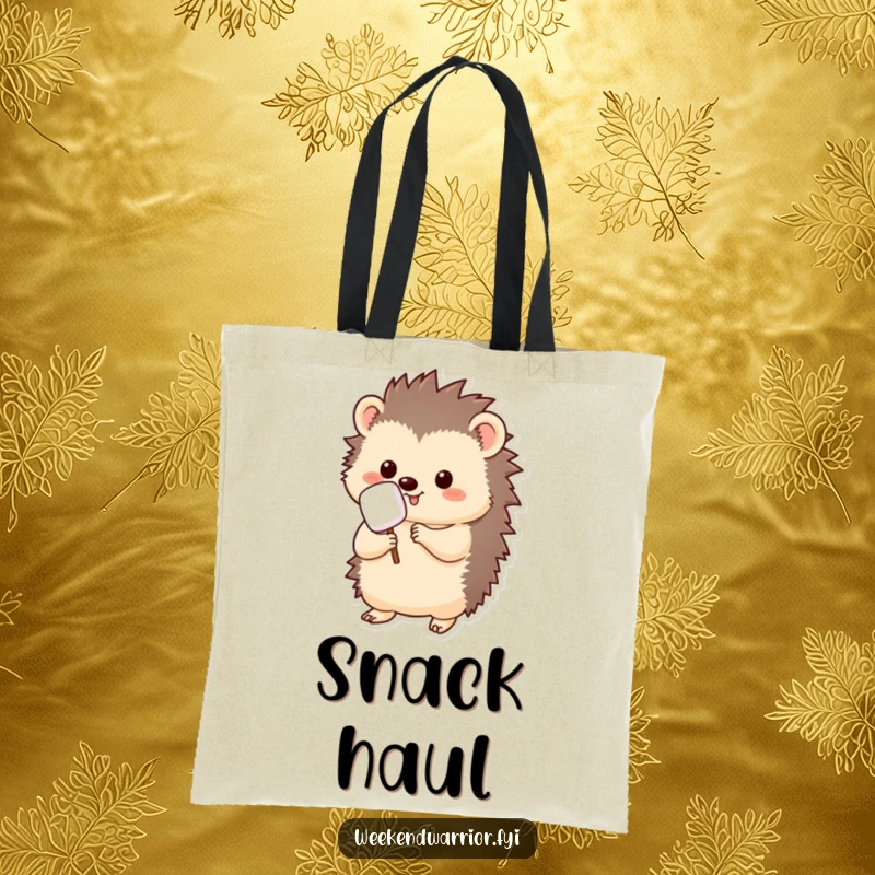 Funny kawaii hedgehog tote bag, holding a marshmallow on a stick, ready to roast, practical and charming.
