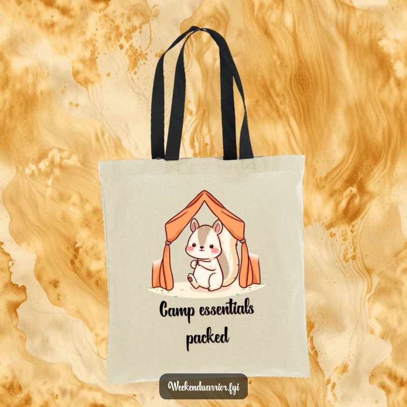 Funny Kawaii squirrel character setting up a small tent on an eco-friendly tote bag, highlighting determination.