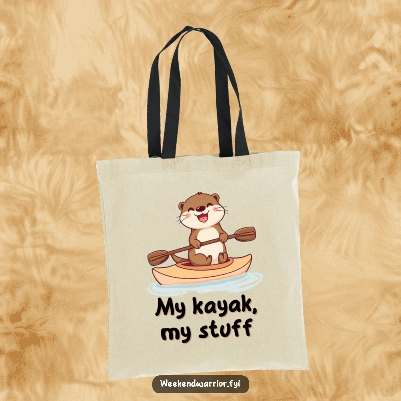 Funny tote bag depicting a delighted otter balancing on a kayak, paddle poised, ready for a day of errands and smiles.