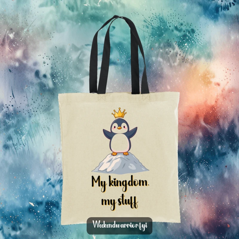 Funny tote bag showcasing a proud penguin surveying its domain from a small hill, exuding confidence and authority.