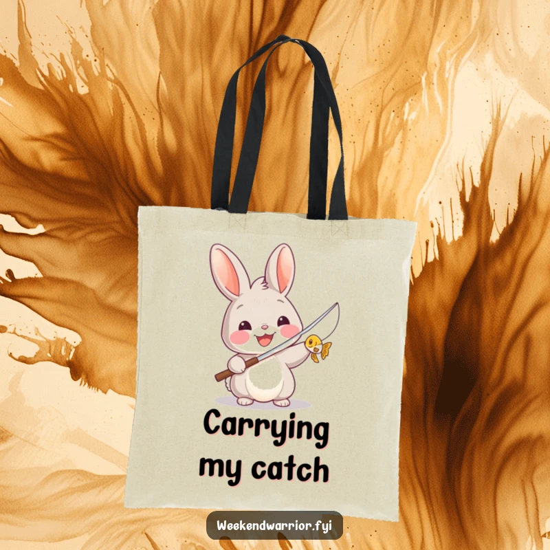 Funny tote bag depicting a rabbit successfully holding a fishing rod with a minuscule fish, ready for errands.