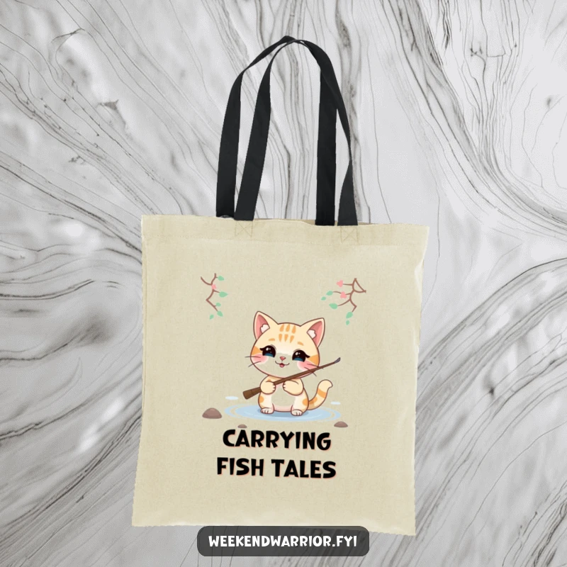 Funny tote bag with a smiling cat character holding a fishing rod by a lake, ready for errands and adventures.