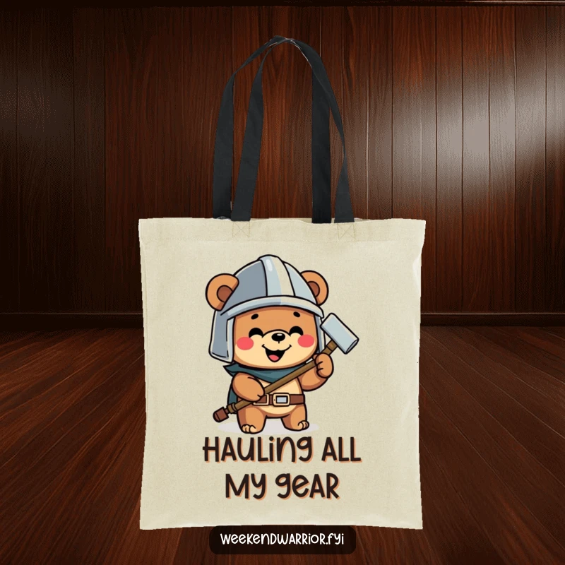 Funny tote bag featuring a happy bear with a helmet and hammer, perfect for carrying tools and project supplies.