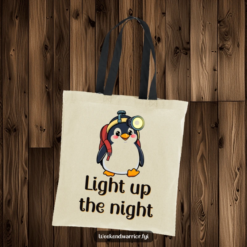 Funny tote bag with a goofy penguin wearing a backpack and headlamp, perfect for carrying books or travel essentials.