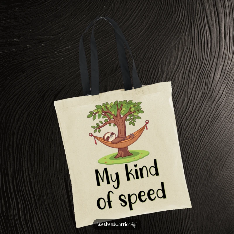 Funny tote bag with a content sloth relaxing in a hammock under a tree, perfect for carrying books or relaxation essentials.
