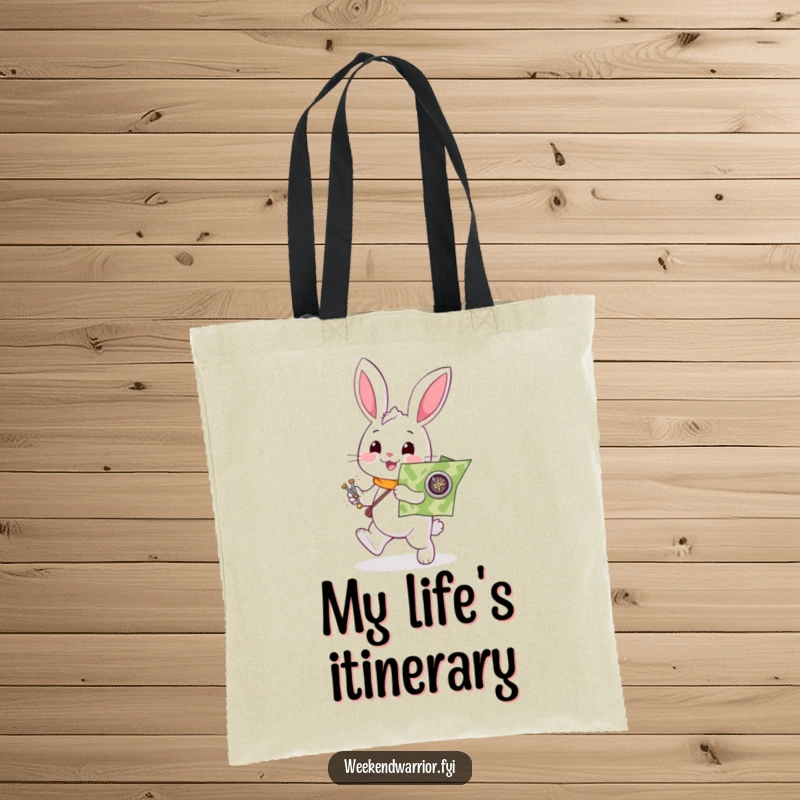 Funny rabbit tote bag with a helpful white character enthusiastically holding a map and compass, practical and humorous for adventurers.