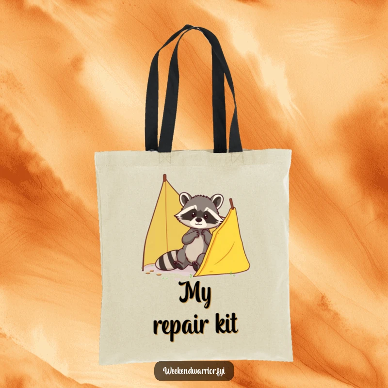 Funny Raccoon Tote Bag with a brave raccoon patching a small tent tear, perfect for shopping and outdoor gear.