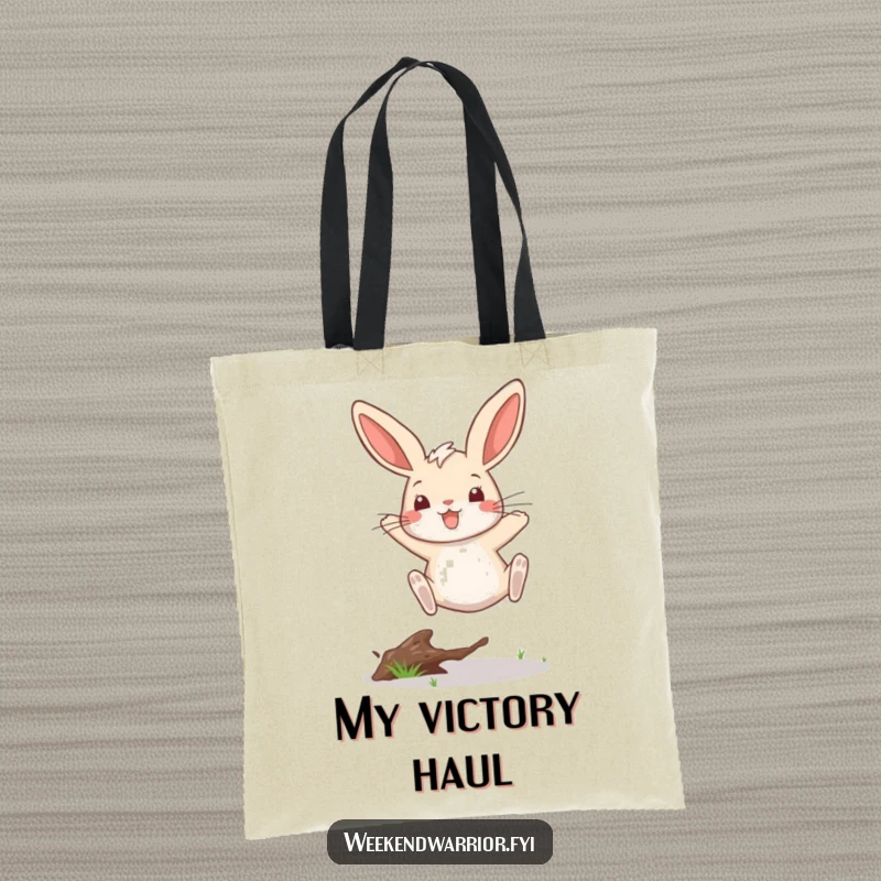 Funny tote bag with a joyous rabbit executing a high leap over a twig, exuding victory and playful spirit.