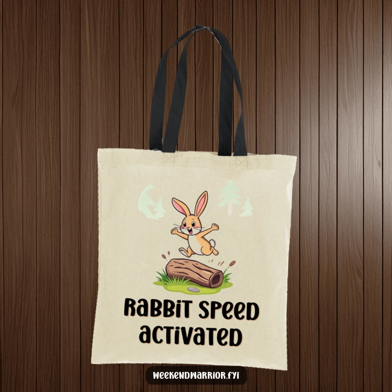 Funny tote bag with an energetic rabbit leaping over a log on a trail, spacious and perfect for daily use.