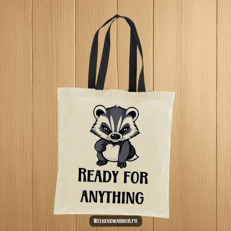 Funny tote bag featuring a strong-willed cartoon badger, symbolizing perseverance and readiness for daily tasks with a smile.
