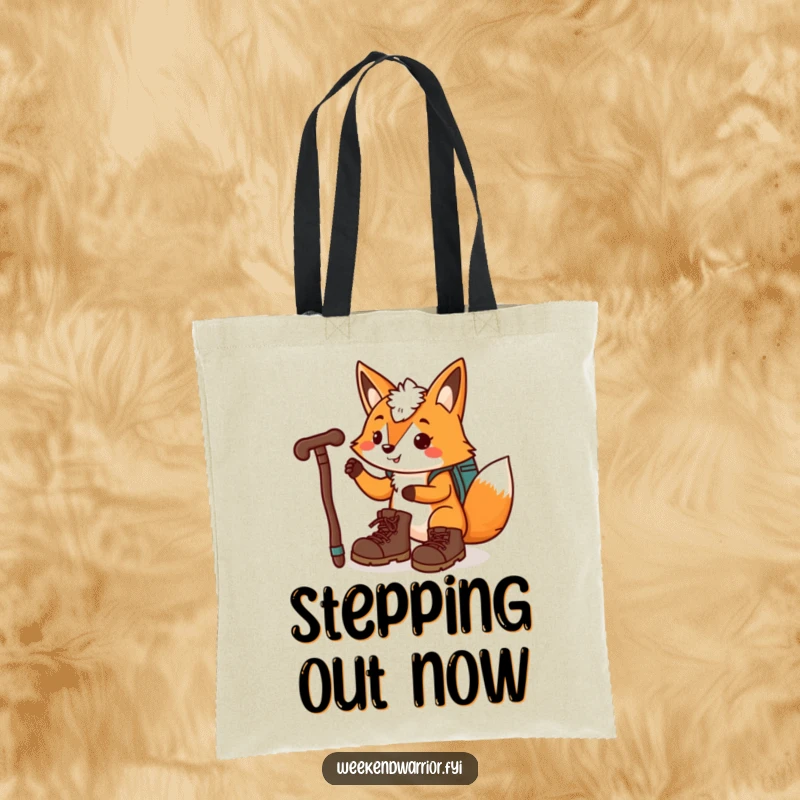 Funny, playful fox with hiking boots and a walking stick on a practical tote bag.