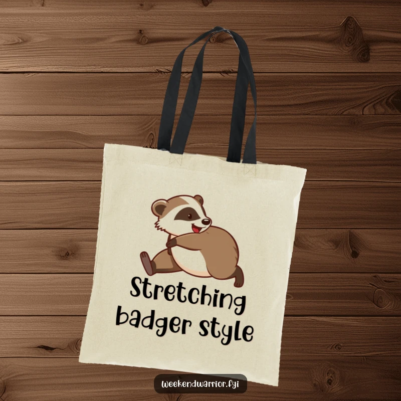 Funny tote bag featuring a playful badger stretching, ready for a morning jog, with ample space for daily items.