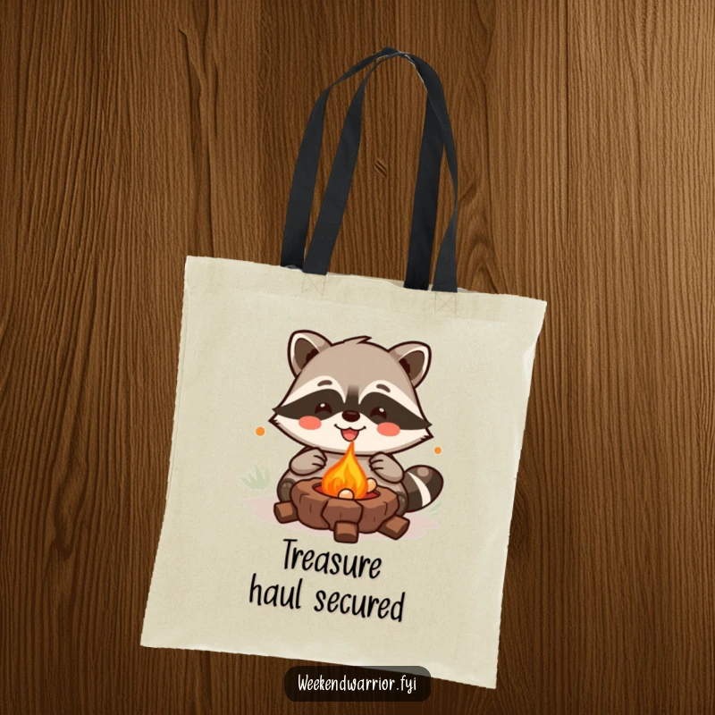 Funny Kawaii Raccoon Tote Bag showcasing a joyful grilling character, perfect for everyday culinary humor. Excellent funny gift.