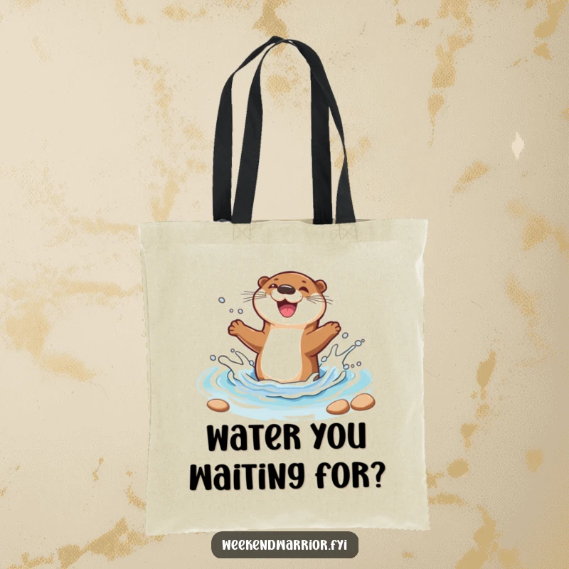 Funny tote bag featuring a joyful cartoon otter splashing in a stream, perfect for carrying essentials with happy vibes.