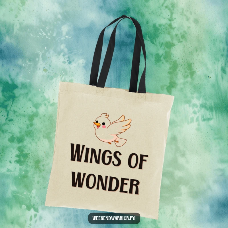 Funny, happy bird soaring through fluffy clouds on a practical tote bag.