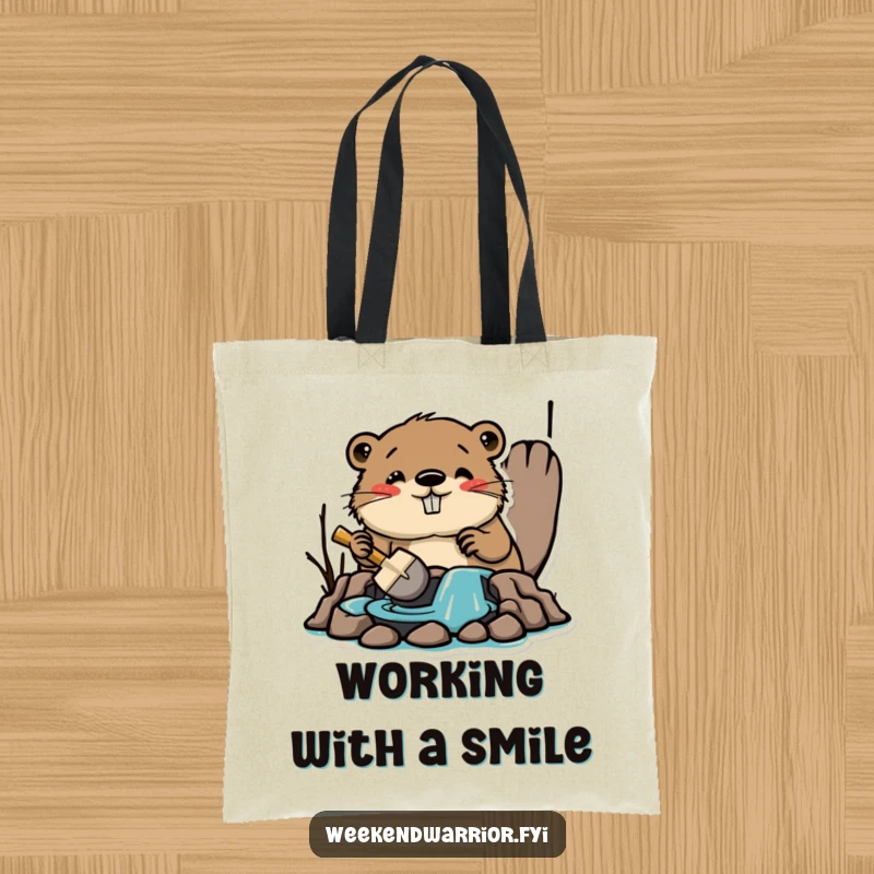 Funny tote bag with an amused beaver building a dam with a tiny shovel, perfect for carrying books or project supplies.